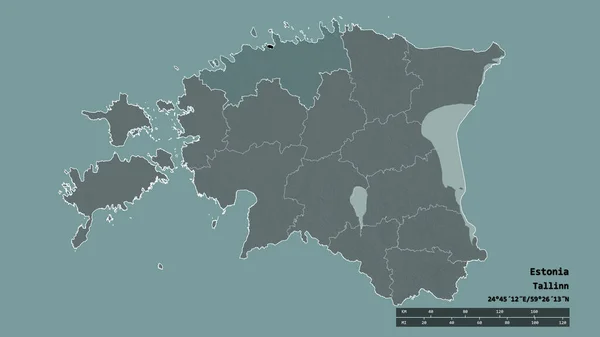 主な地域部門と分離されたHarjuエリアとエストニアの荒廃した形状 ラベル 色の標高マップ 3Dレンダリング — ストック写真