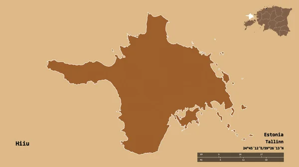 エストニアの郡であるHiiuの形は その資本がしっかりとした背景に隔離されています 距離スケール リージョンプレビュー およびラベル パターン化されたテクスチャの構成 3Dレンダリング — ストック写真