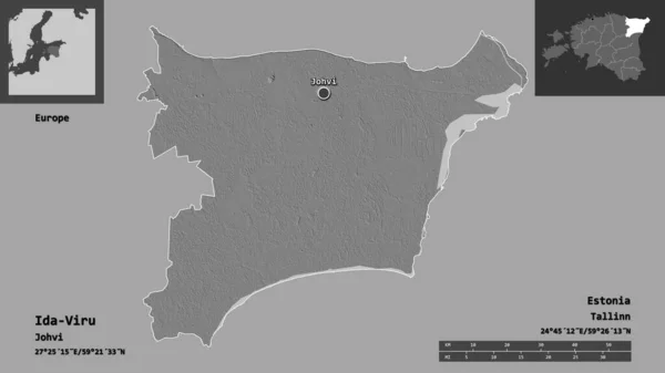 爱沙尼亚Ida Viru县的形状及其首府 距离刻度 预览和标签 Bilevel高程图 3D渲染 — 图库照片