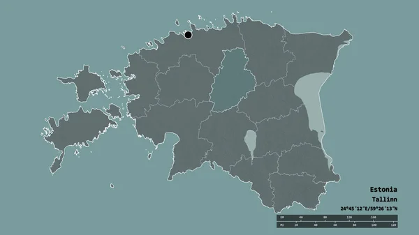 主要な地域部門と分離されたジャーヴァ地域とエストニアの荒廃した形 ラベル 色の標高マップ 3Dレンダリング — ストック写真