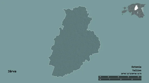 エストニアの郡であるジャーヴァの形で その首都はしっかりとした背景に孤立している 距離スケール リージョンプレビュー およびラベル 色の標高マップ 3Dレンダリング — ストック写真