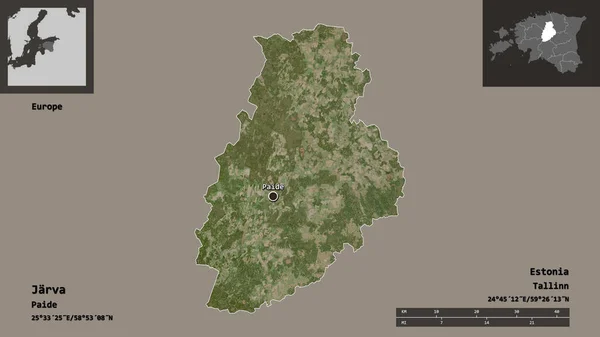 爱沙尼亚县Jarva的形状及其首府 距离刻度 预览和标签 卫星图像 3D渲染 — 图库照片