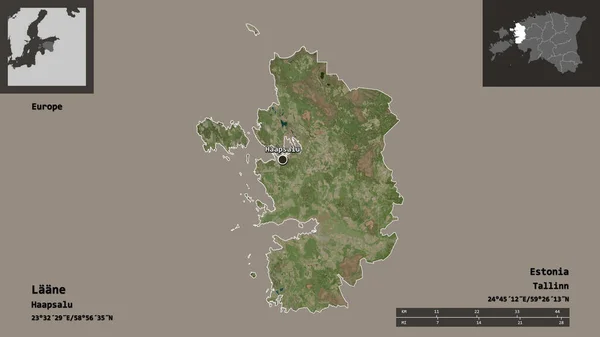 エストニアの郡ラーンとその首都の形 距離スケール プレビューおよびラベル 衛星画像 3Dレンダリング — ストック写真