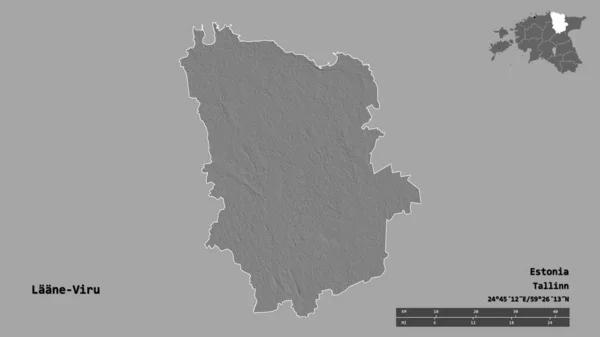 爱沙尼亚Laane Viru县的形状 其首府在坚实的背景下孤立 距离尺度 区域预览和标签 Bilevel高程图 3D渲染 — 图库照片