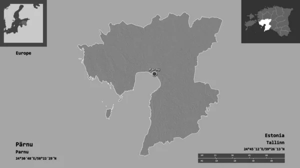 パルヌの形 エストニアの郡とその首都 距離スケール プレビューおよびラベル 標高マップ 3Dレンダリング — ストック写真