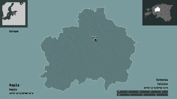 ラプラの形 エストニアの郡とその首都 距離スケール プレビューおよびラベル 色の標高マップ 3Dレンダリング — ストック写真