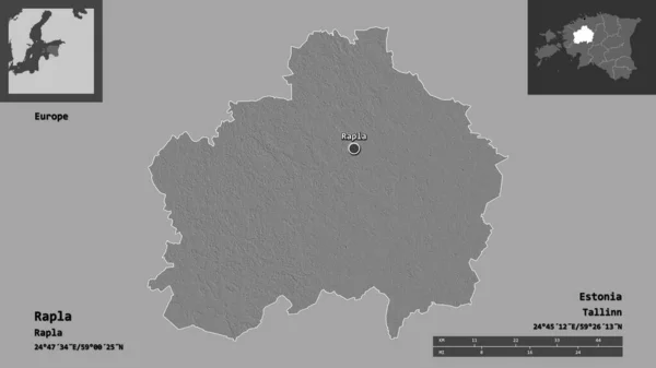 爱沙尼亚Rapla县的形状及其首府 距离刻度 预览和标签 Bilevel高程图 3D渲染 — 图库照片