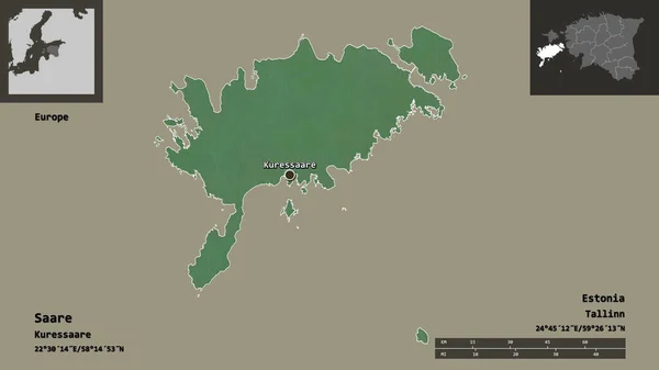 サアの形 エストニアの郡とその首都 距離スケール プレビューおよびラベル 地形図 3Dレンダリング — ストック写真