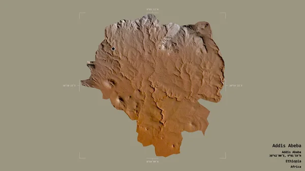 Area of Addis Abeba, city of Ethiopia, isolated on a solid background in a georeferenced bounding box. Labels. Topographic relief map. 3D rendering
