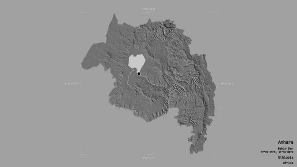 エチオピアのアムハラ州の地域は 洗練された境界の箱の中にしっかりとした背景に隔離されています ラベル 標高マップ 3Dレンダリング — ストック写真