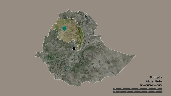 主要な地域部門と分離されたアムラ地域とエチオピアの荒廃した形 ラベル 衛星画像 3Dレンダリング — ストック写真