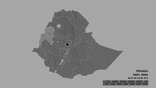 Forme Désaturée Éthiopie Avec Capitale Principale Division Régionale Région Séparée — Photo