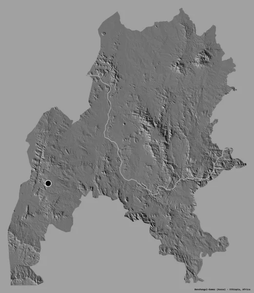 埃塞俄比亚州本山古尔古尔古木兹邦的形状 其首都以纯色背景隔离 Bilevel高程图 3D渲染 — 图库照片
