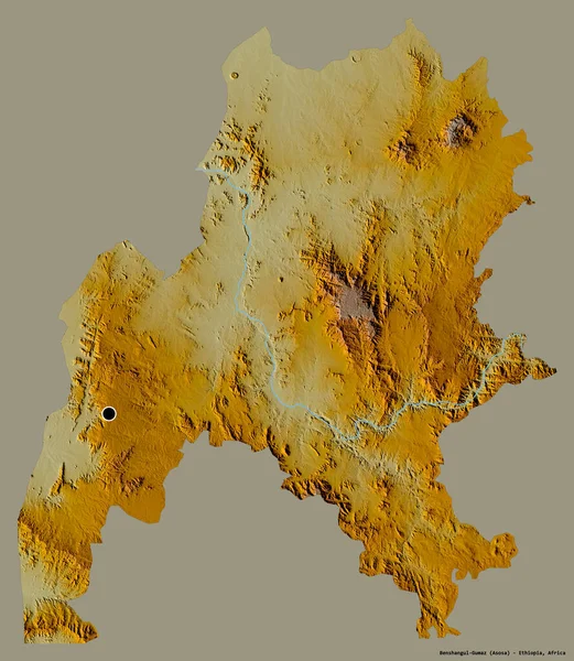 埃塞俄比亚州本山古尔古尔古木兹邦的形状 其首都以纯色背景隔离 地形浮雕图 3D渲染 — 图库照片