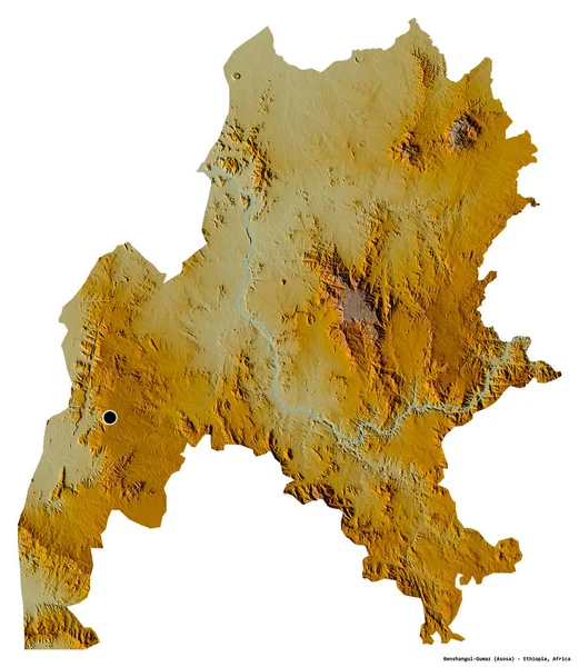 埃塞俄比亚州本山古尔古尔古木兹邦的形状 其首都因白色背景而孤立 地形浮雕图 3D渲染 — 图库照片