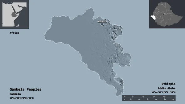 ガンベラ人の形 エチオピアの状態 およびその首都 距離スケール プレビューおよびラベル 色の標高マップ 3Dレンダリング — ストック写真