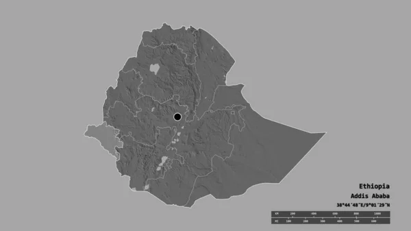 Forme Désaturée Éthiopie Avec Capitale Principale Division Régionale Zone Séparée — Photo