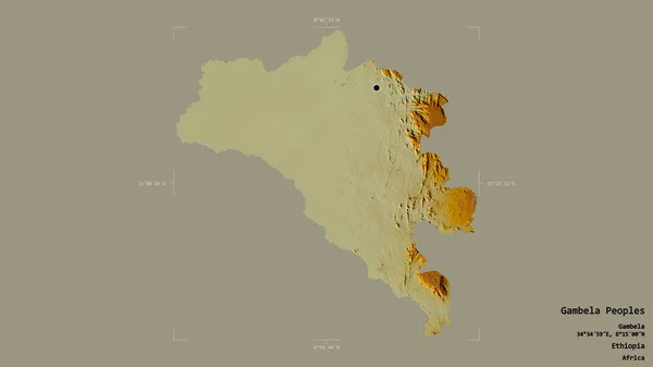 Area of Gambela Peoples, state of Ethiopia, isolated on a solid background in a georeferenced bounding box. Labels. Topographic relief map. 3D rendering