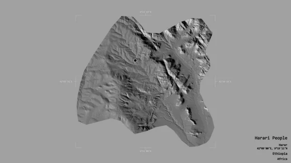 ハラリの地域エチオピアの州である人々は 洗練された境界線の箱の中にしっかりとした背景に隔離されています ラベル 標高マップ 3Dレンダリング — ストック写真