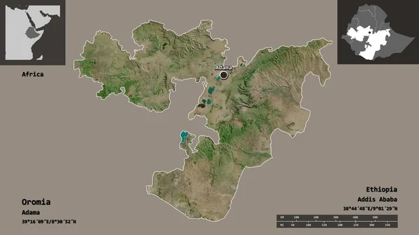 埃塞俄比亚奥罗莫州的形状及其首都 距离刻度 预览和标签 卫星图像 3D渲染 — 图库照片