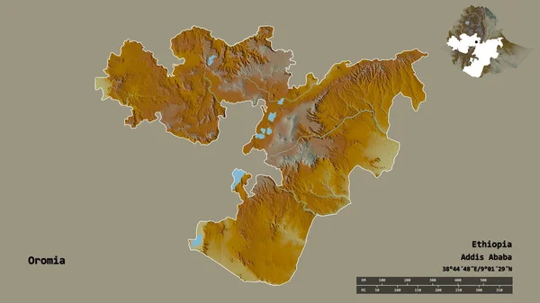 埃塞俄比亚奥罗莫州的形状 其首都在坚实的背景下与世隔绝 距离尺度 区域预览和标签 地形浮雕图 3D渲染 — 图库照片