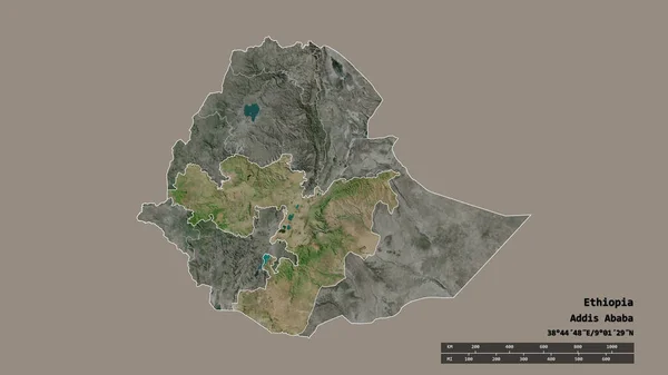 埃塞俄比亚以首都 主要区域分部和分离的奥罗莫地区为首都的绝望状态 卫星图像 3D渲染 — 图库照片