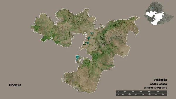 埃塞俄比亚奥罗莫州的形状 其首都在坚实的背景下与世隔绝 距离尺度 区域预览和标签 卫星图像 3D渲染 — 图库照片