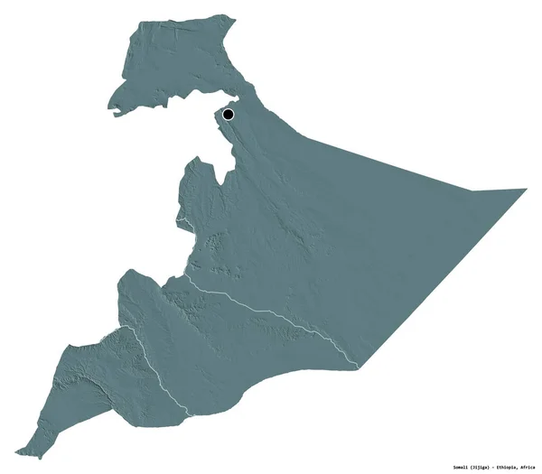 埃塞俄比亚国家索马里的形状 其首都被白色背景隔离 彩色高程图 3D渲染 — 图库照片