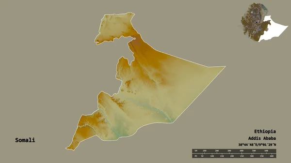 エチオピアのソマリ州の形で その首都はしっかりとした背景に隔離されています 距離スケール リージョンプレビュー およびラベル 地形図 3Dレンダリング — ストック写真