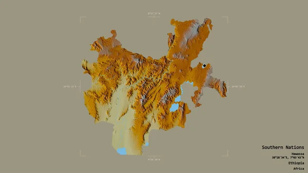 エチオピアの州である南部諸国の地域は 洗練された境界線の箱の中にしっかりとした背景に隔離されています ラベル 地形図 3Dレンダリング — ストック写真