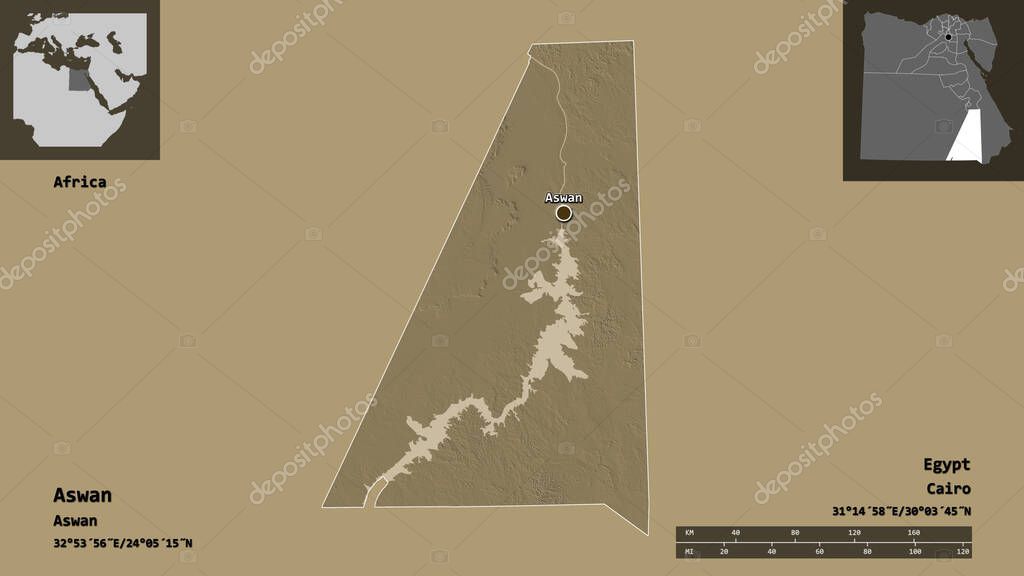 Forma de Asuán, gobernación de Egipto, y su capital. Escala de
