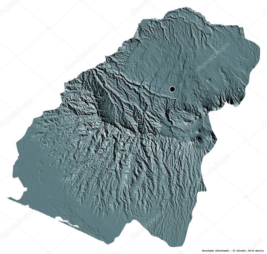 Shape of Ahuachapan, department of El Salvador, with its capital isolated on white background. Colored elevation map. 3D rendering