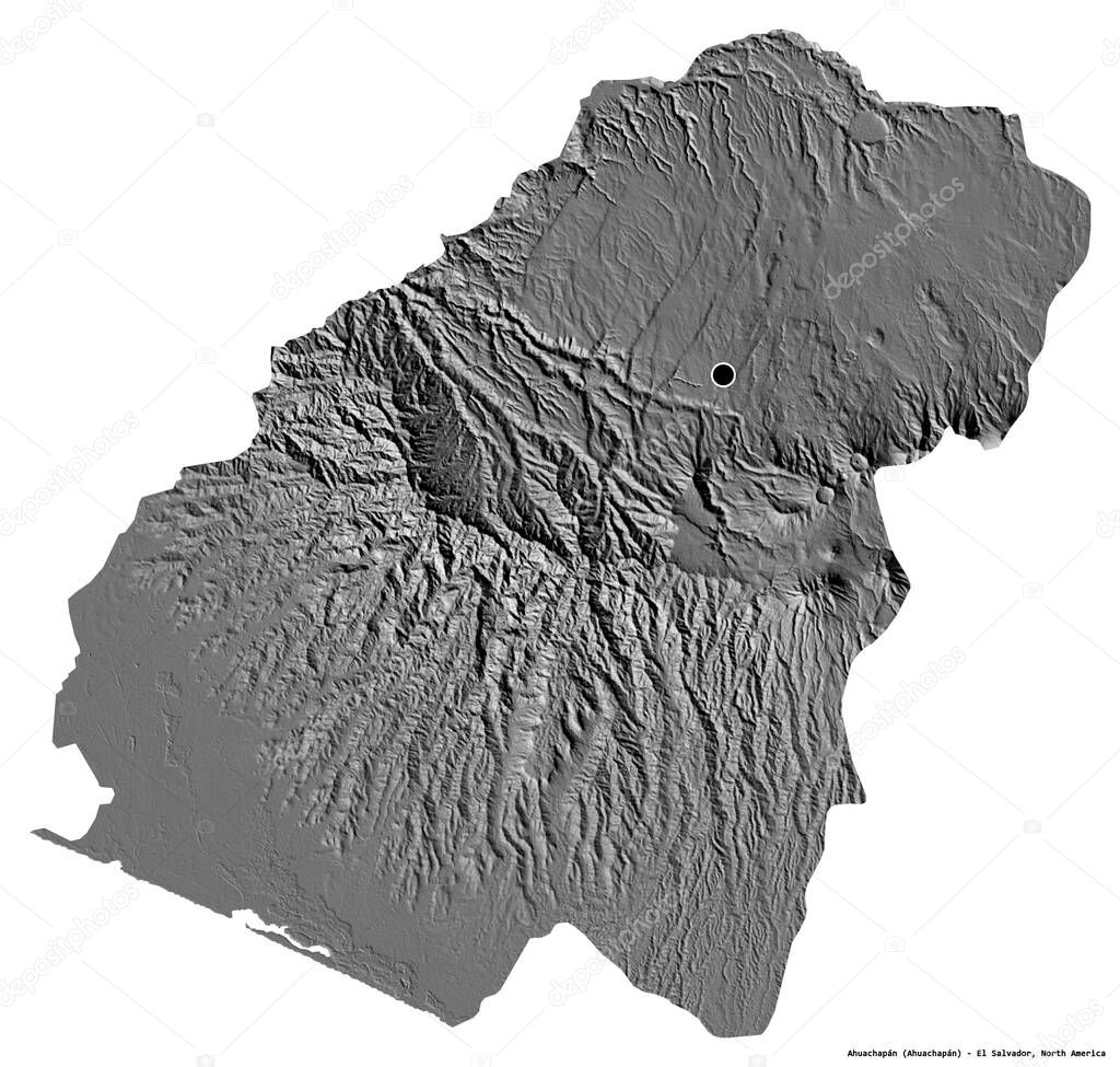 Shape of Ahuachapan, department of El Salvador, with its capital isolated on white background. Bilevel elevation map. 3D rendering