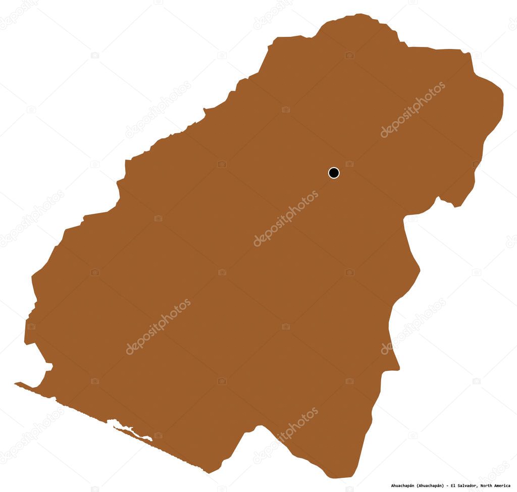 Shape of Ahuachapan, department of El Salvador, with its capital isolated on white background. Composition of patterned textures. 3D rendering