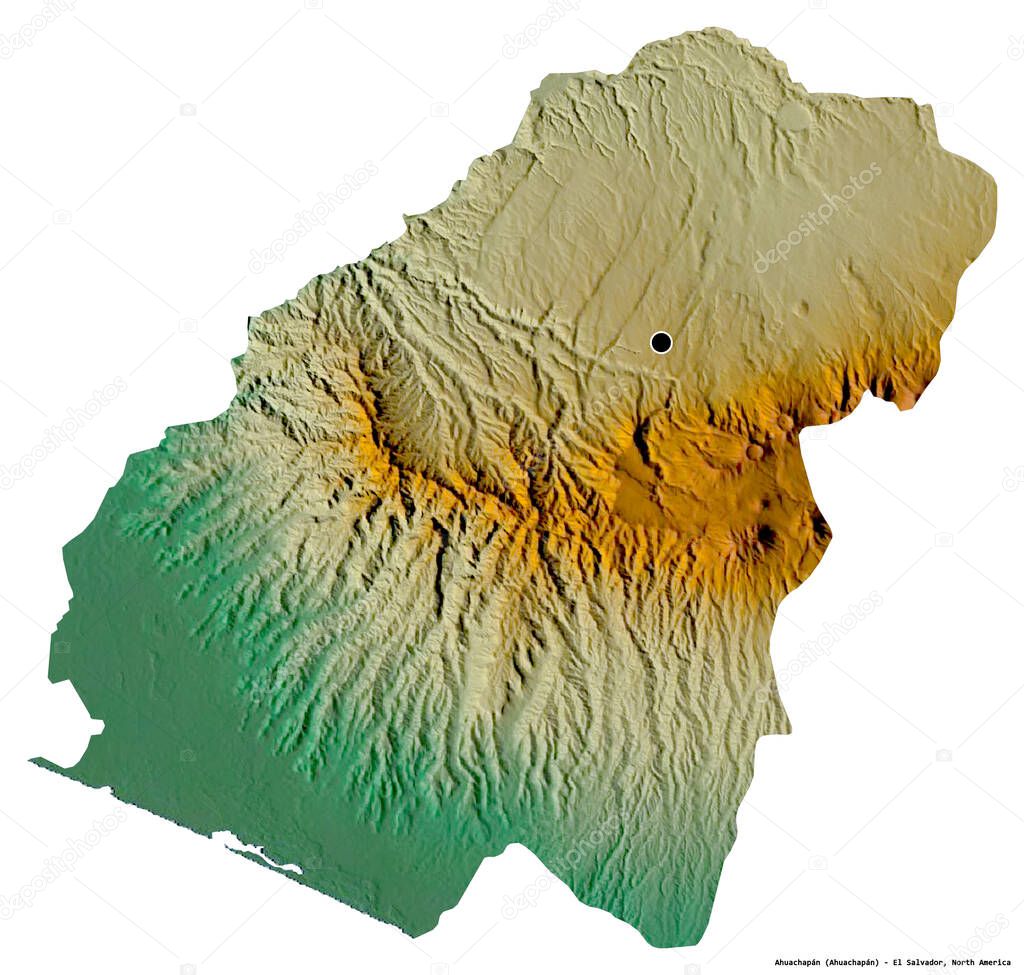 Shape of Ahuachapan, department of El Salvador, with its capital isolated on white background. Topographic relief map. 3D rendering