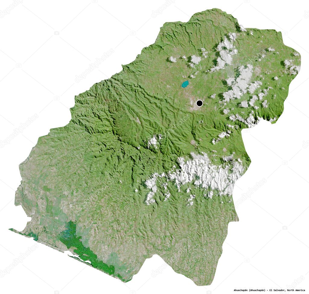 Shape of Ahuachapan, department of El Salvador, with its capital isolated on white background. Satellite imagery. 3D rendering