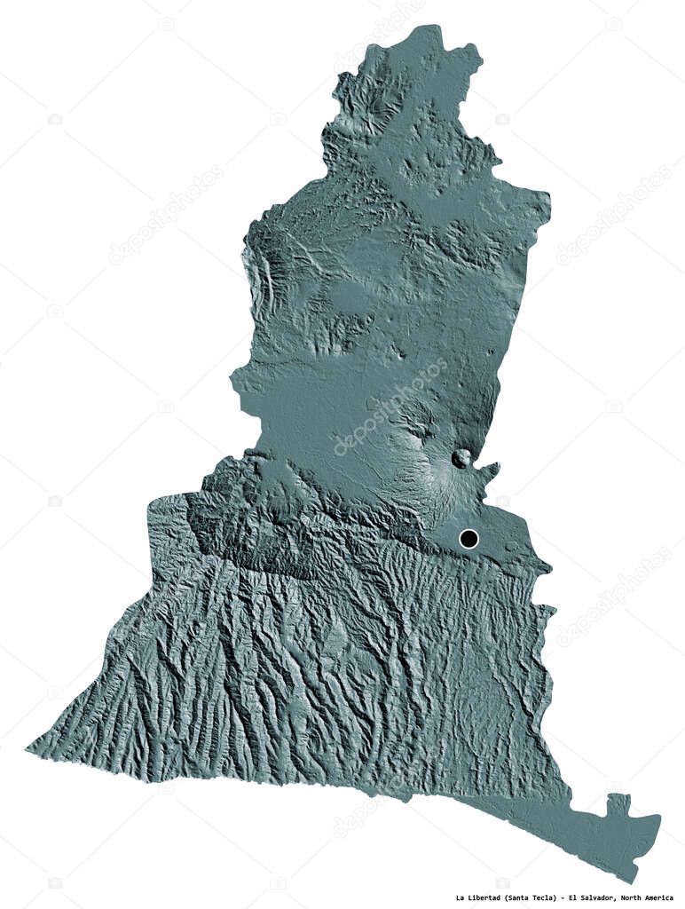 Shape of La Libertad, department of El Salvador, with its capital isolated on white background. Colored elevation map. 3D rendering