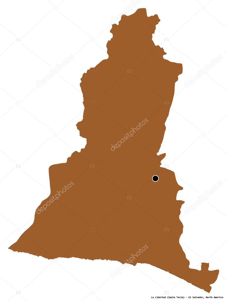 Shape of La Libertad, department of El Salvador, with its capital isolated on white background. Composition of patterned textures. 3D rendering