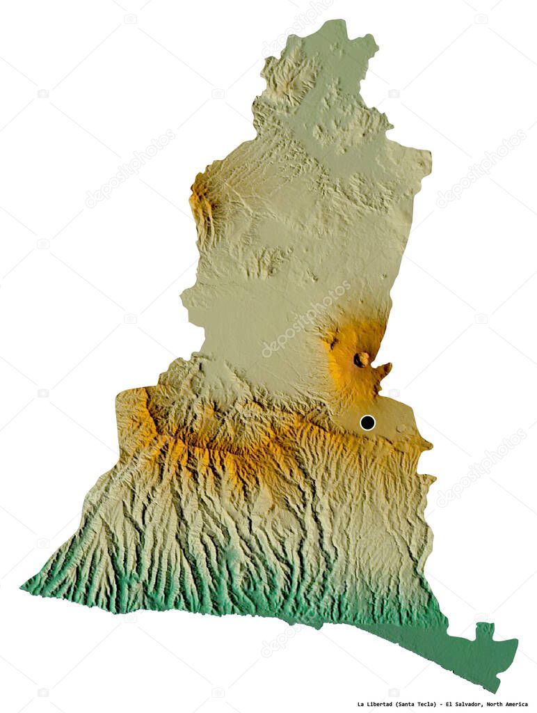 Shape of La Libertad, department of El Salvador, with its capital isolated on white background. Topographic relief map. 3D rendering