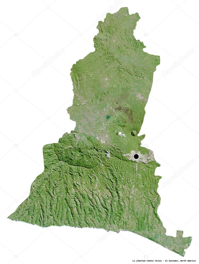 Shape of La Libertad, department of El Salvador, with its capital isolated on white background. Satellite imagery. 3D rendering