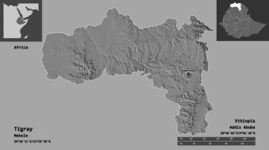 Tigray 'in şekli, Etiyopya eyaleti ve başkenti. Uzaklık ölçeği, ön gösterimler ve etiketler. Çift seviyeli yükseklik haritası. 3B görüntüleme