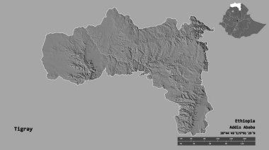 Tigray 'in şekli, Etiyopya eyaleti, sermayesi katı arka planda izole edilmiş. Uzaklık ölçeği, bölge önizlemesi ve etiketleri. Çift seviyeli yükseklik haritası. 3B görüntüleme
