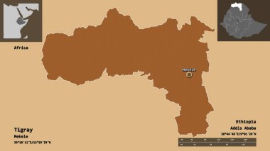 Tigray 'in şekli, Etiyopya eyaleti ve başkenti. Uzaklık ölçeği, ön gösterimler ve etiketler. Desenli dokuların bileşimi. 3B görüntüleme