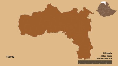 Tigray 'in şekli, Etiyopya eyaleti, sermayesi katı arka planda izole edilmiş. Uzaklık ölçeği, bölge önizlemesi ve etiketleri. Desenli dokuların bileşimi. 3B görüntüleme