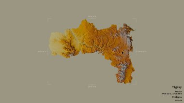 Tigray bölgesi, Etiyopya eyaleti, jeoreferatlı bir sınır kutusunda katı bir arka planda izole edilmiş. Etiketler. Topografik yardım haritası. 3B görüntüleme