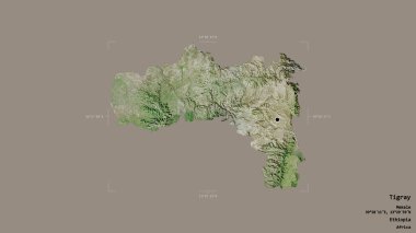 Tigray bölgesi, Etiyopya eyaleti, jeoreferatlı bir sınır kutusunda katı bir arka planda izole edilmiş. Etiketler. Uydu görüntüleri. 3B görüntüleme