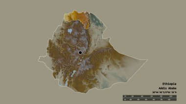 Başkenti, ana bölgesel bölümü ve ayrılan Tigray bölgesiyle Etiyopya 'nın dejenere edilmiş şekli. Etiketler. Topografik yardım haritası. 3B görüntüleme