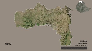 Tigray 'in şekli, Etiyopya eyaleti, sermayesi katı arka planda izole edilmiş. Uzaklık ölçeği, bölge önizlemesi ve etiketleri. Uydu görüntüleri. 3B görüntüleme