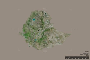 Etiyopya bölgesi katı bir arka planda jeoreferatlı bir sınır kutusunda izole edilmiş. Ana bölgesel bölüm, mesafe ölçeği, etiketler. Uydu görüntüleri. 3B görüntüleme