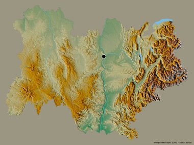 Fransa 'nın başkenti Auvergne-Rhone-Alpes' in katı renk arkaplanı ile izole edilmiş hali. Topografik yardım haritası. 3B görüntüleme